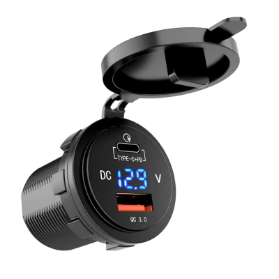 WESTEC UNIVERSAL ROUND MOUNT PD TYPE-C + QC3.0 USB FAST CHARGER WITH VOLTMETER