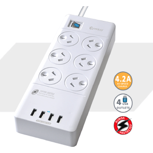 SANSAI 6-WAY POWER BOARD WITH 4X USB CHARGING PORTS 