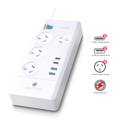 SANSAI 4-WAY POWERBOARD WITH 2x USB-C & 2x USB-A PORTS