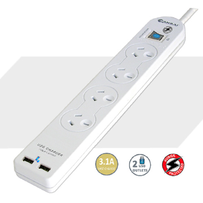 SANSAI 4-WAY SURGE PROTECTED POWER BOARD WITH 2X USB PORTS